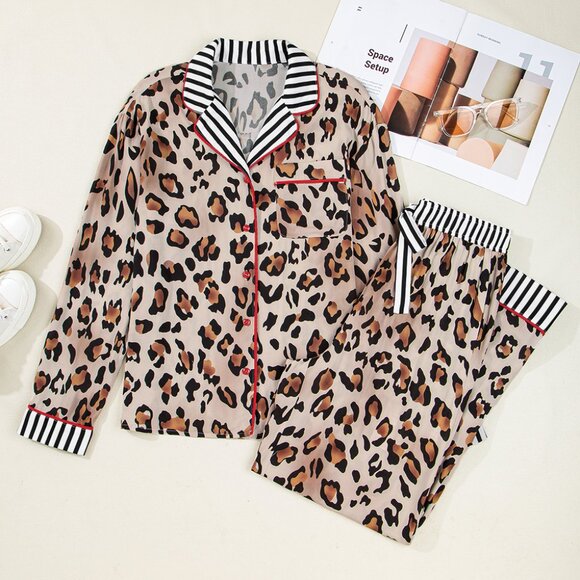 B313  Kahiki Leopard Print Color block Striped Edge Shirt and Pants Pajama Set - Picture 5 of 14